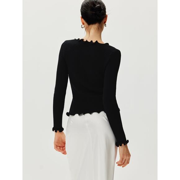 Commense Rhinestone Bow Lettuce Trim Chic Girly Black Stretch Sweater XL - Picture 3 of 8